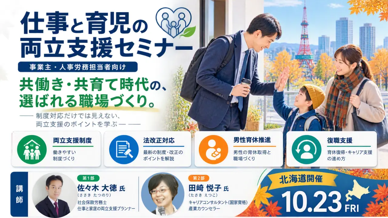 【10月23日（金）北海道会場開催】企業・団体等の事業主・人事担当者向け「仕事と育児の両立支援セミナー」
